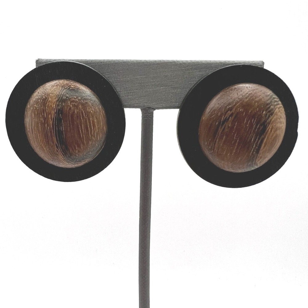 Vintage Wood Button Pierced Earrings Round Black Disk